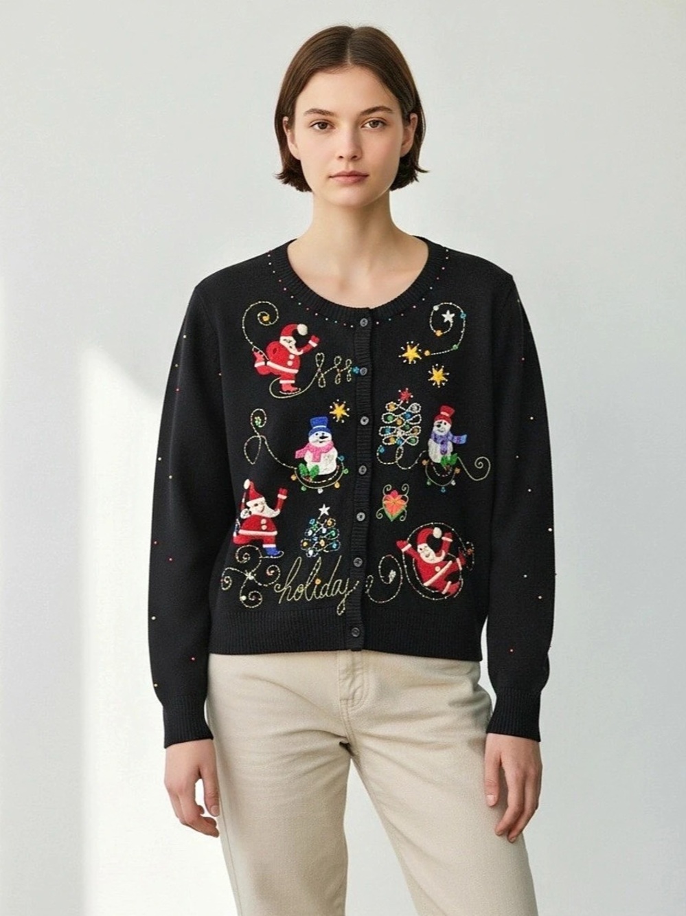Jack B. Quick Embellished Holiday Cardigan Black & Multicolor Trees Sequins XL